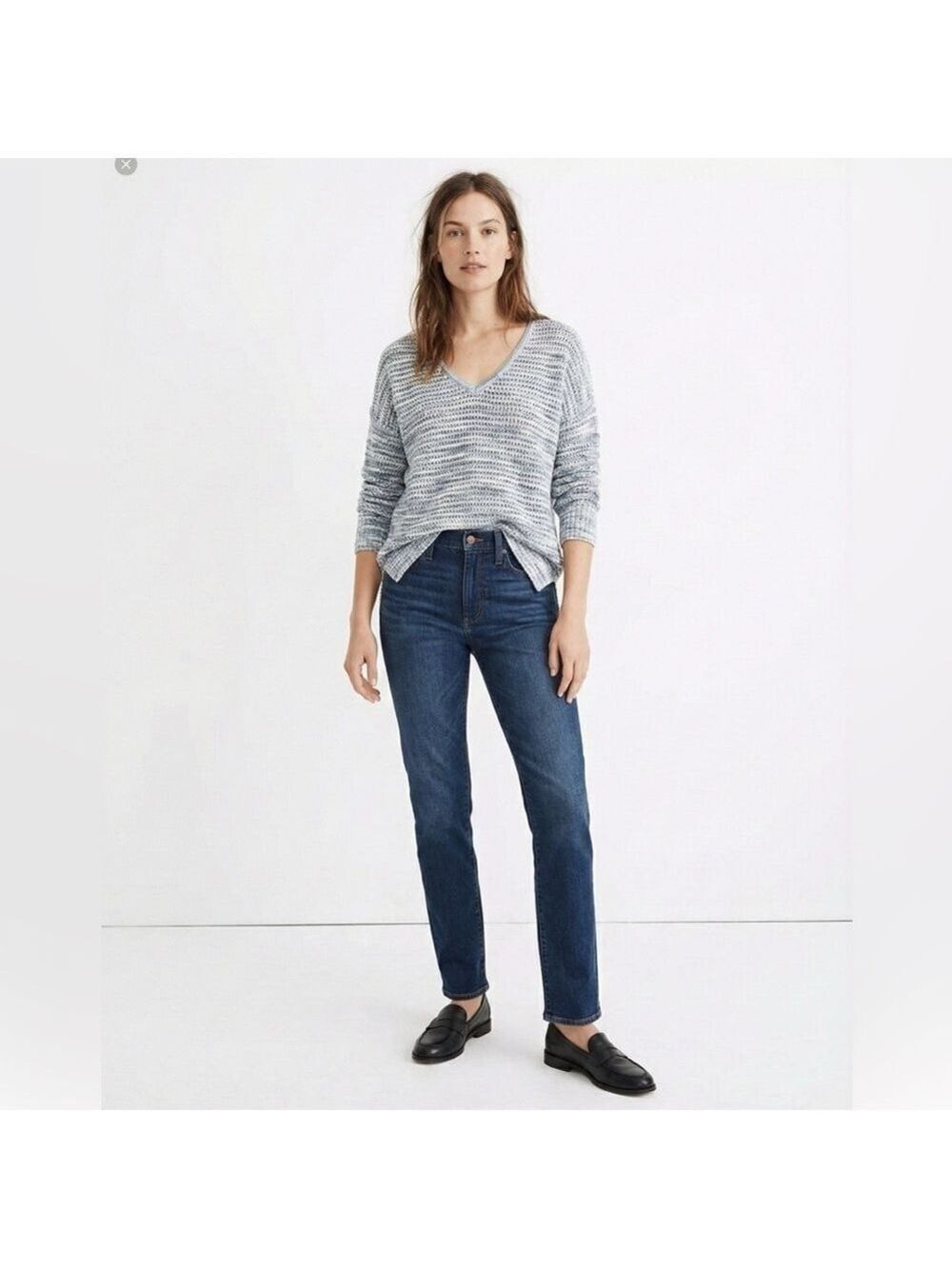 MADEWELL Cotton Blend Southbrook Open Stitch Pullover V-Neck Sweater Space Dye